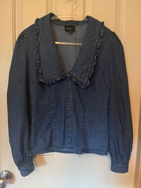 Bardot Women's Indigo Denim Button-Front Shirt with oversized Ruffle Collar